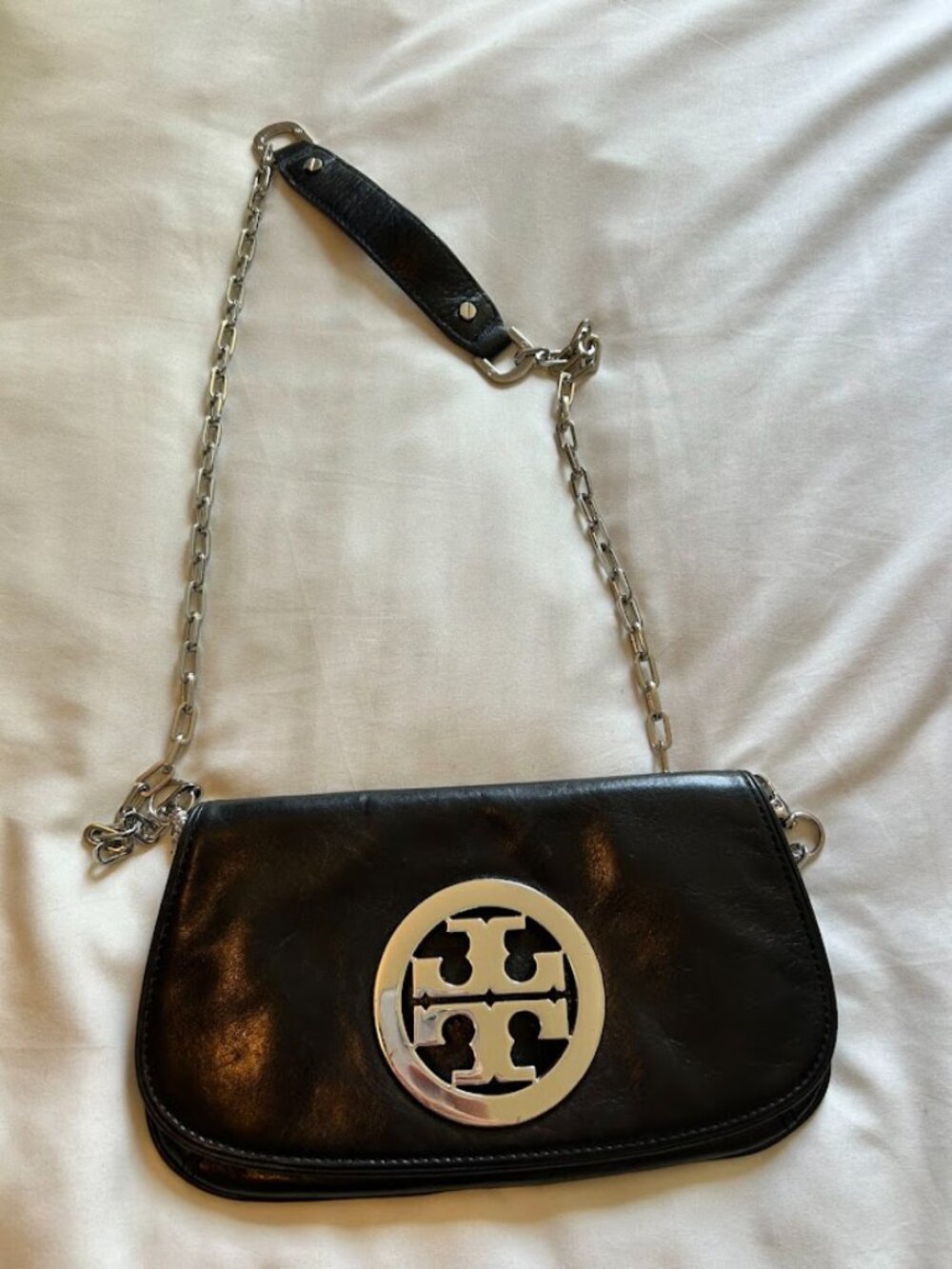Tory Burch Black Leather Crossbody with Silver Logo Chain